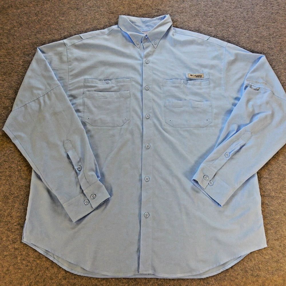 Columbia Mens Shirt XL Blue PFG Fishing Vented Mesh Logo Pockets Sport OmniShade
